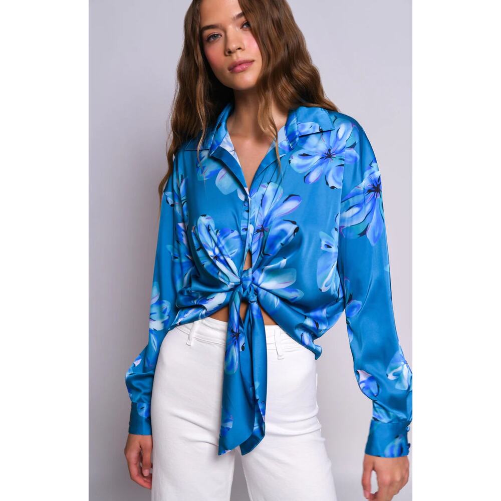 Hutch Blue Floral Satin Button-Down Tie Front Shirt